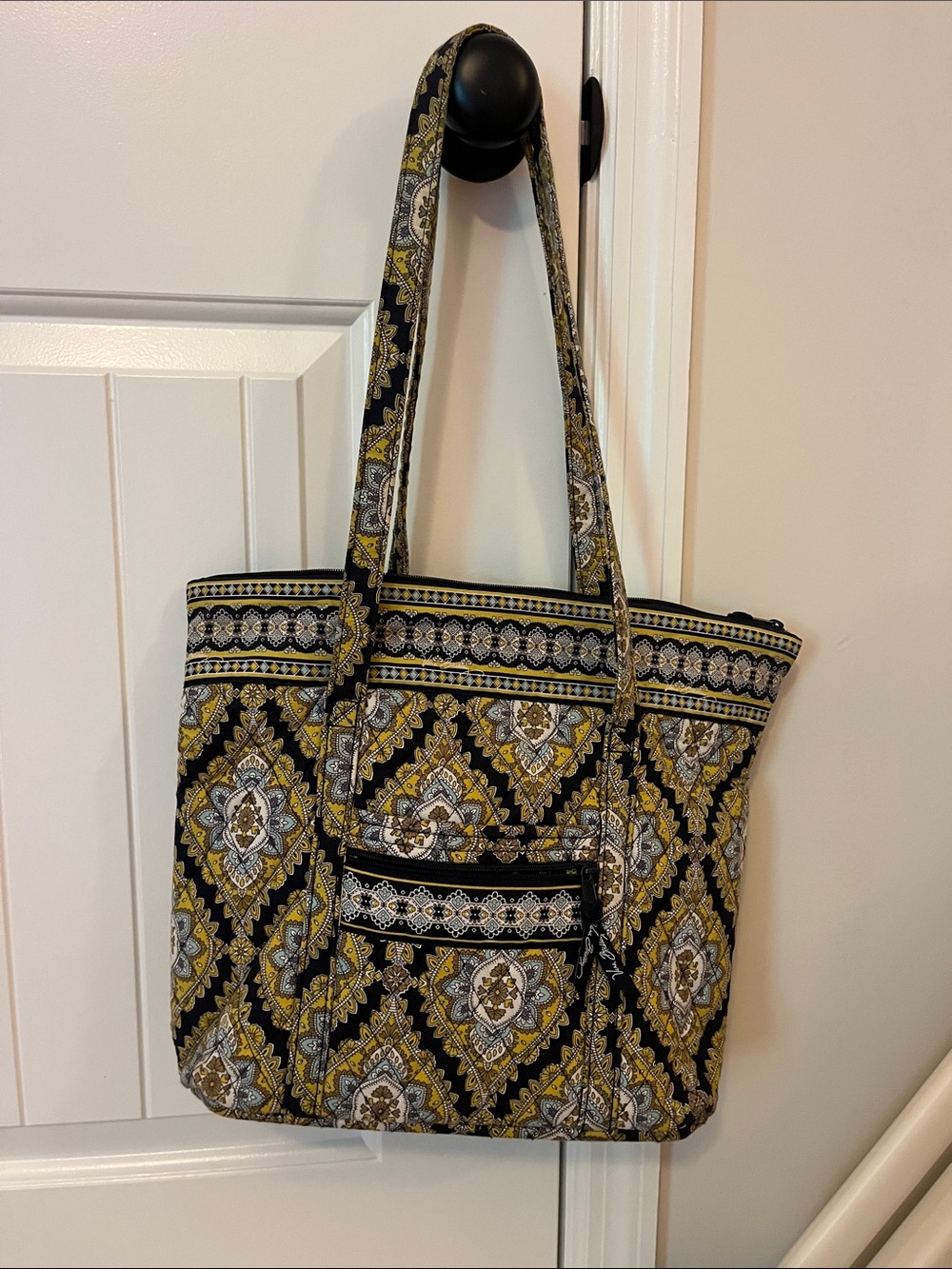 Quilted Patterned Tote Bag in Black and Mustard